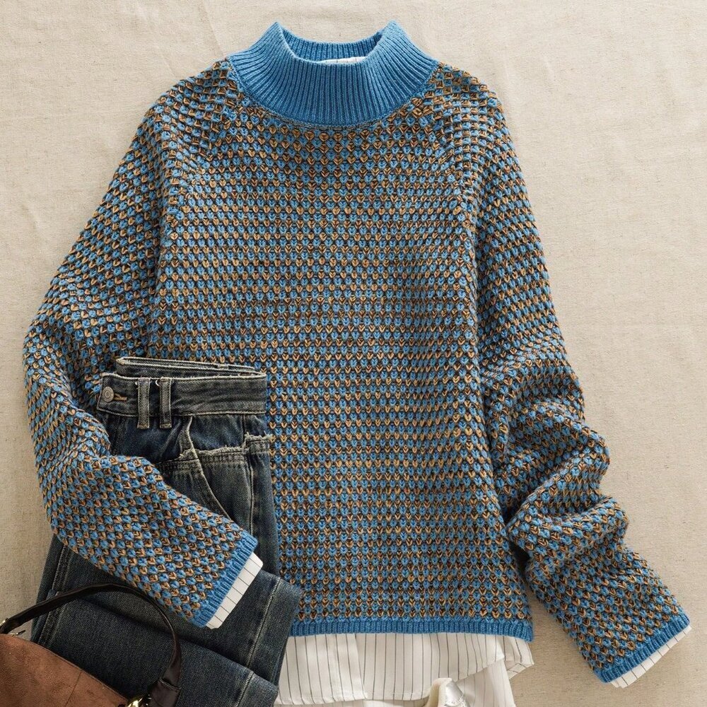 Blue Casual Women's Geometric Gradient Knit Long Sleeve Cozy Pullover